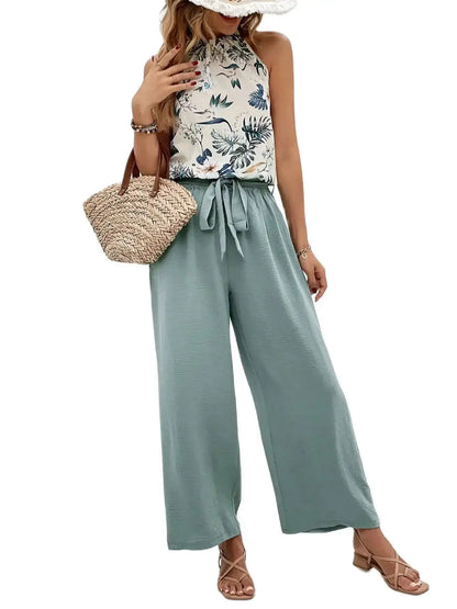 Pants Set- Women Floral Halter & Teal Wide-Leg Pants Set- Light Green- Chuzko Women Clothing