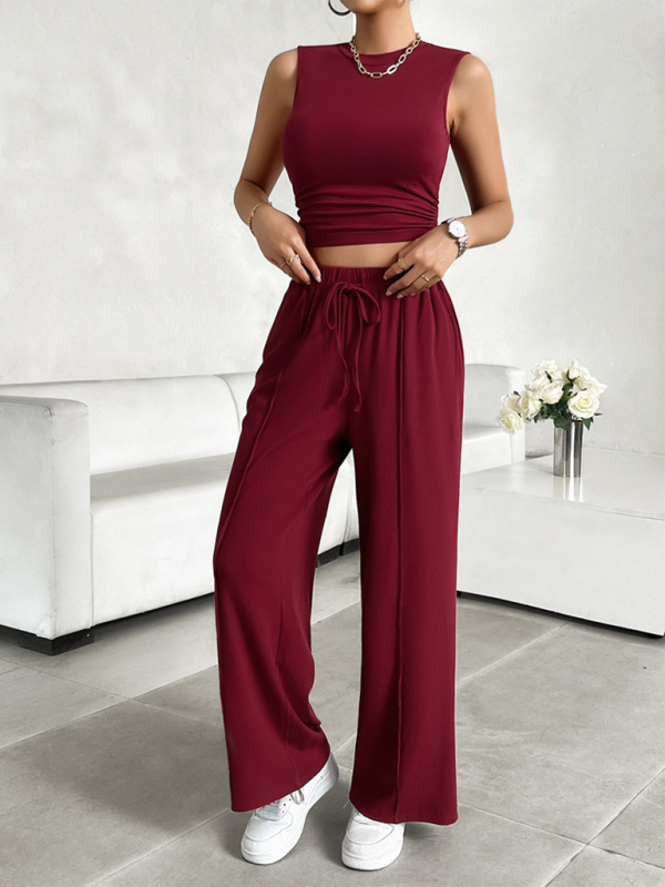 Pants Set- Women Two-Piece Pants & Crop Top Set - Transition from Day to Night- Wine Red- Pekosa Women Fashion