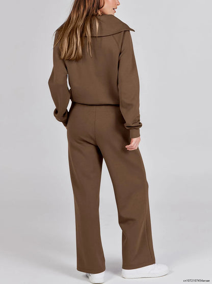 Pants Sets- Comfy Loungewear Set Pants and Quarter-zip Sweatshirt