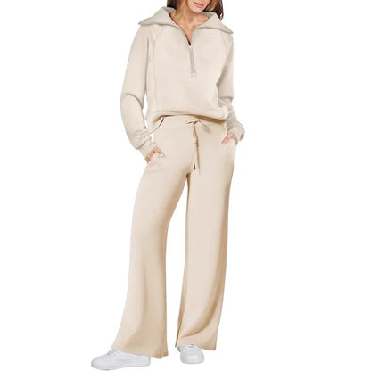 Pants Sets- Comfy Loungewear Set Pants and Quarter-zip Sweatshirt