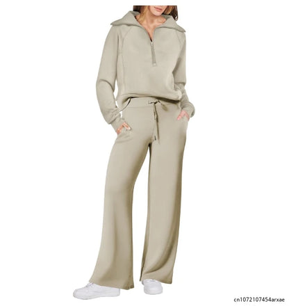 Pants Sets- Comfy Loungewear Set Pants and Quarter-zip Sweatshirt