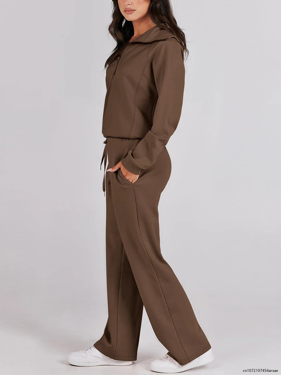 Pants Sets- Comfy Loungewear Set Pants and Quarter-zip Sweatshirt