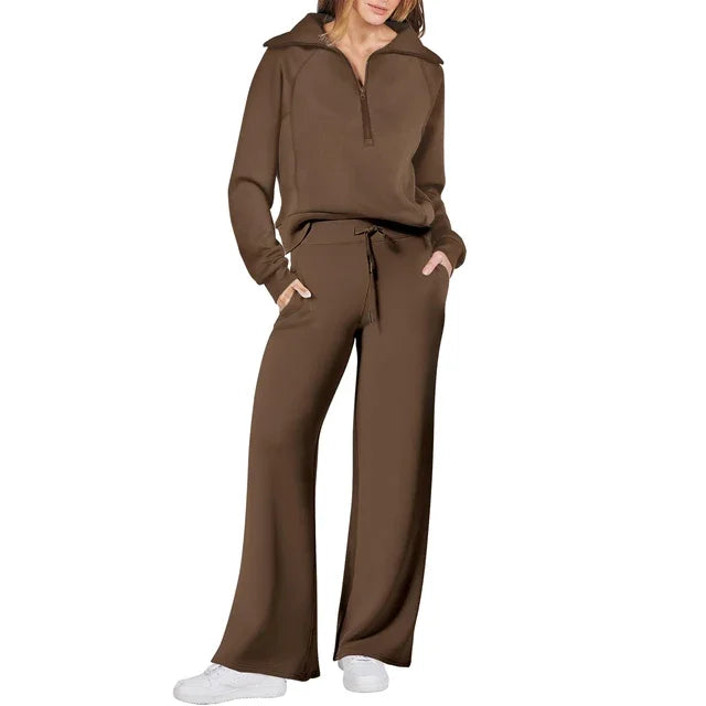 Pants Sets- Comfy Loungewear Set Pants and Quarter-zip Sweatshirt