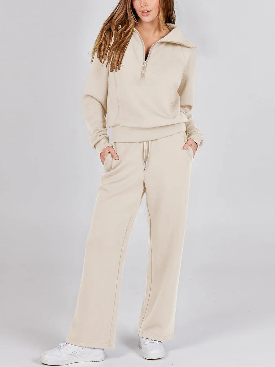 Pants Sets- Comfy Loungewear Set Pants and Quarter-zip Sweatshirt