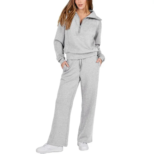 Pants Sets- Comfy Loungewear Set Pants and Quarter-zip Sweatshirt