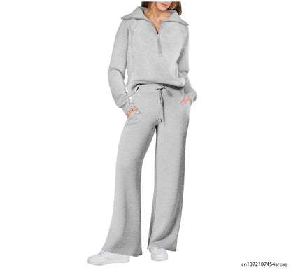 Pants Sets- Comfy Loungewear Set Pants and Quarter-zip Sweatshirt