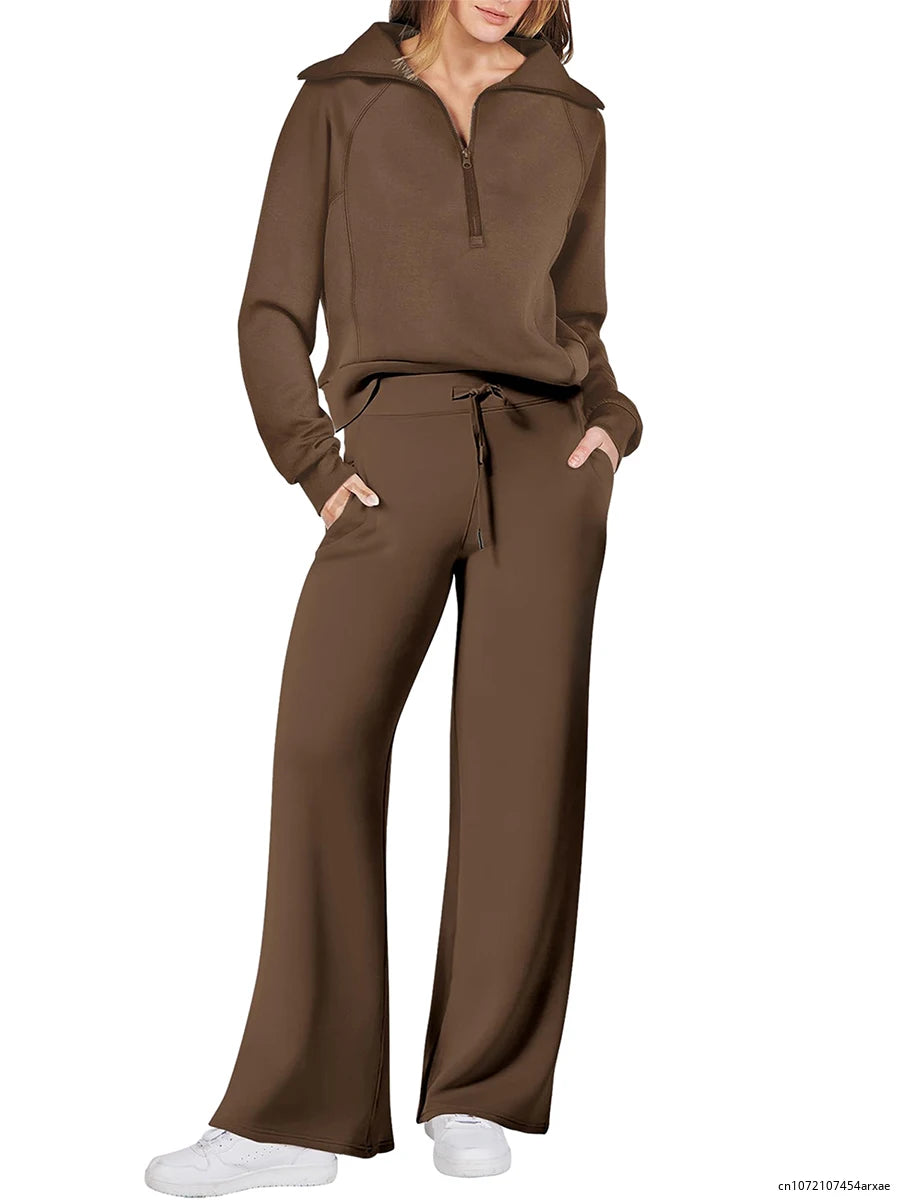 Pants Sets- Comfy Loungewear Set Pants and Quarter-zip Sweatshirt