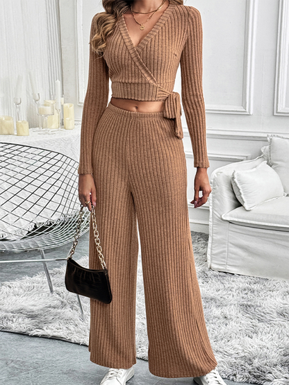 Pants Sets- Women Ribbed Coffee Outfit Flared Pants and Crop Top- - Pekosa Women Fashion