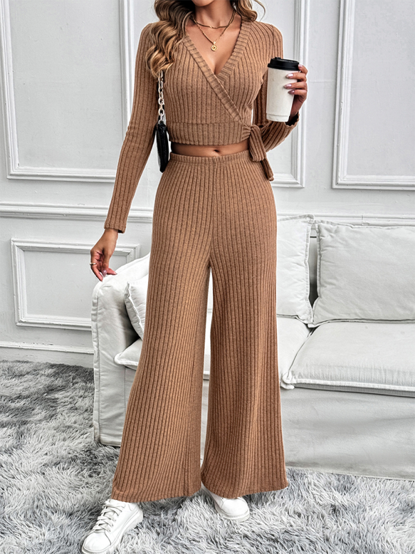 Pants Sets- Women Ribbed Coffee Outfit Flared Pants and Crop Top- - Pekosa Women Fashion