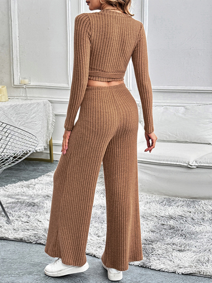 Pants Sets- Women Ribbed Coffee Outfit Flared Pants and Crop Top- - Pekosa Women Fashion