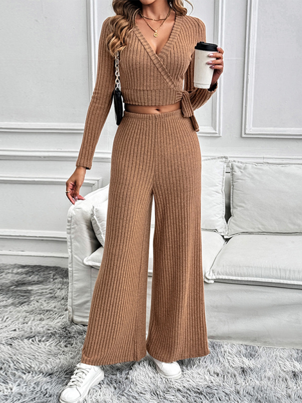 Pants Sets- Women Ribbed Coffee Outfit Flared Pants and Crop Top- - Pekosa Women Fashion