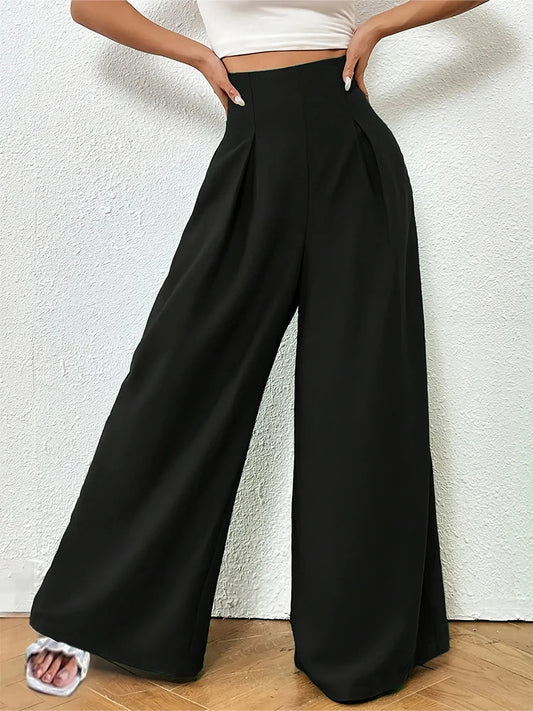 Pants- Solid Wide-Leg Trousers for Modern Women- Black- Pekosa Women Fashion