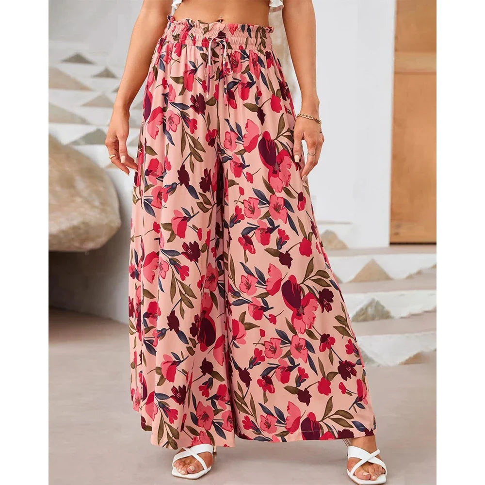 Pants- Spring Style Women's Floral Wide-Leg Smocked Pants- Pink- Pekosa Women Fashion