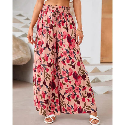 Pants- Spring Style Women's Floral Wide-Leg Smocked Pants- Pink- Pekosa Women Fashion