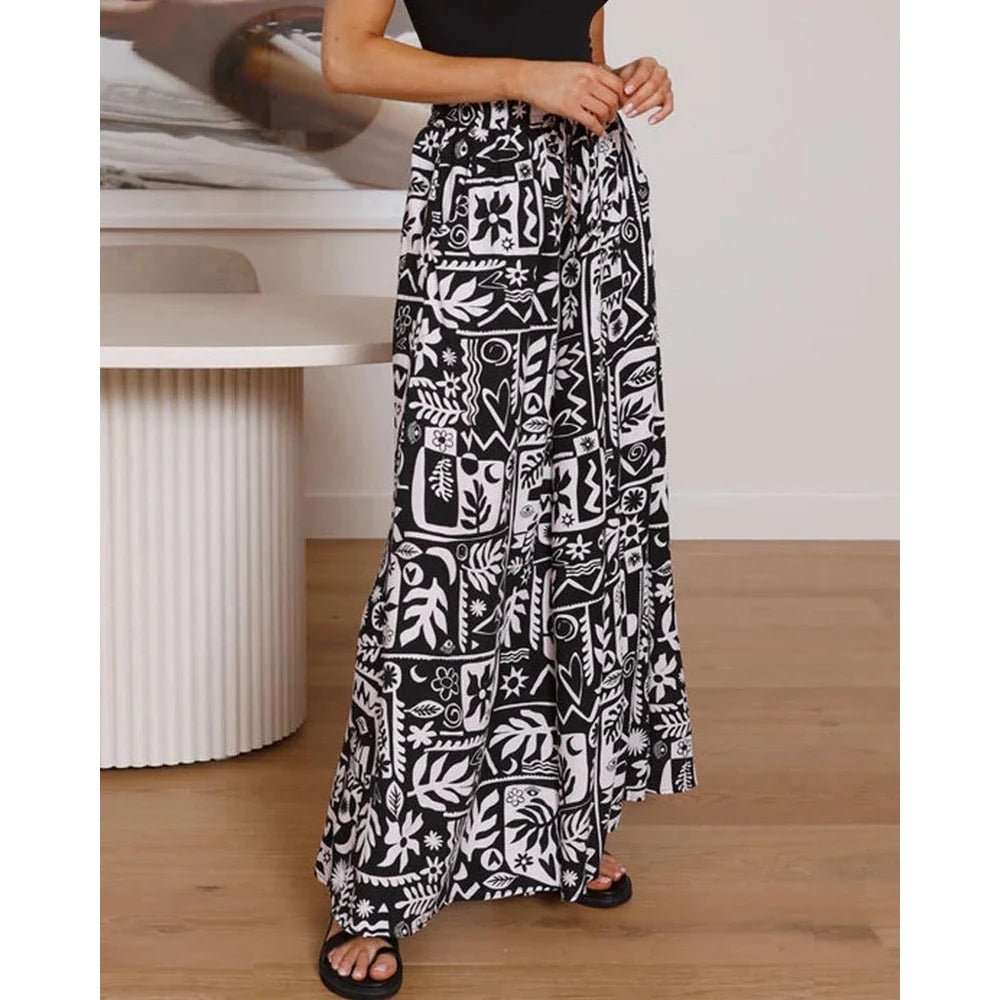 Pants- Spring Style Women's Floral Wide-Leg Smocked Pants- Black- Pekosa Women Fashion