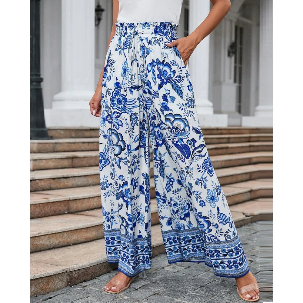 Pants- Spring Style Women's Floral Wide-Leg Smocked Pants- Blue- Pekosa Women Fashion