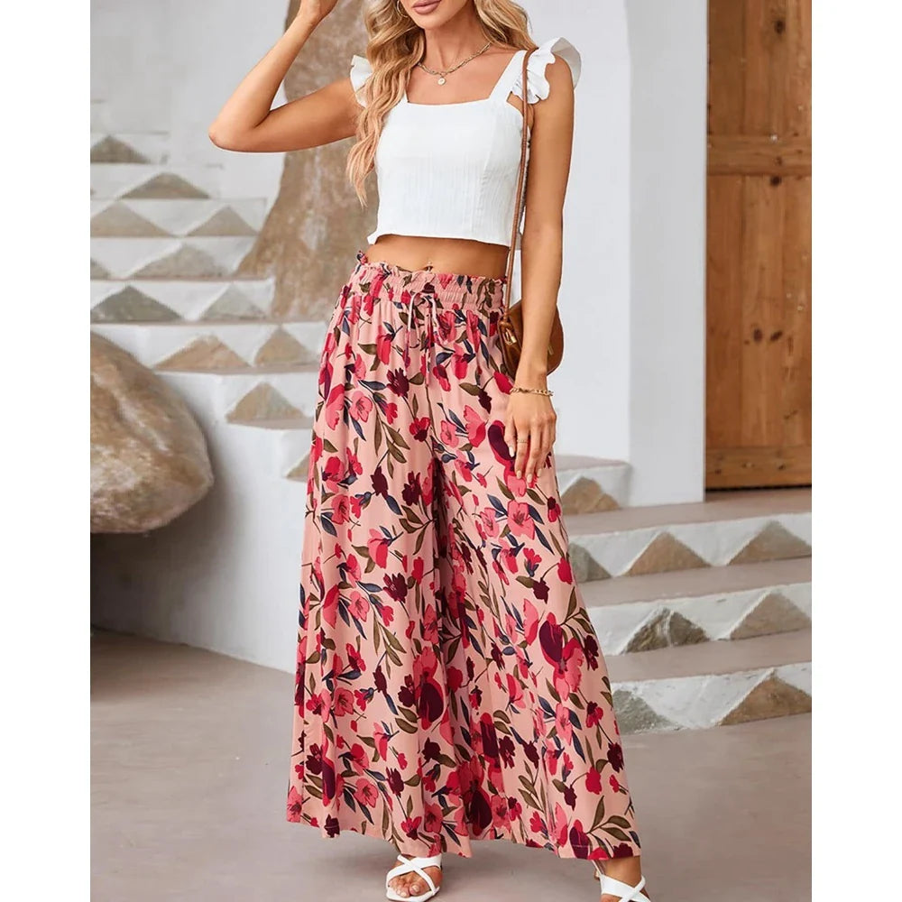 Pants- Spring Style Women's Floral Wide-Leg Smocked Pants- - Pekosa Women Fashion