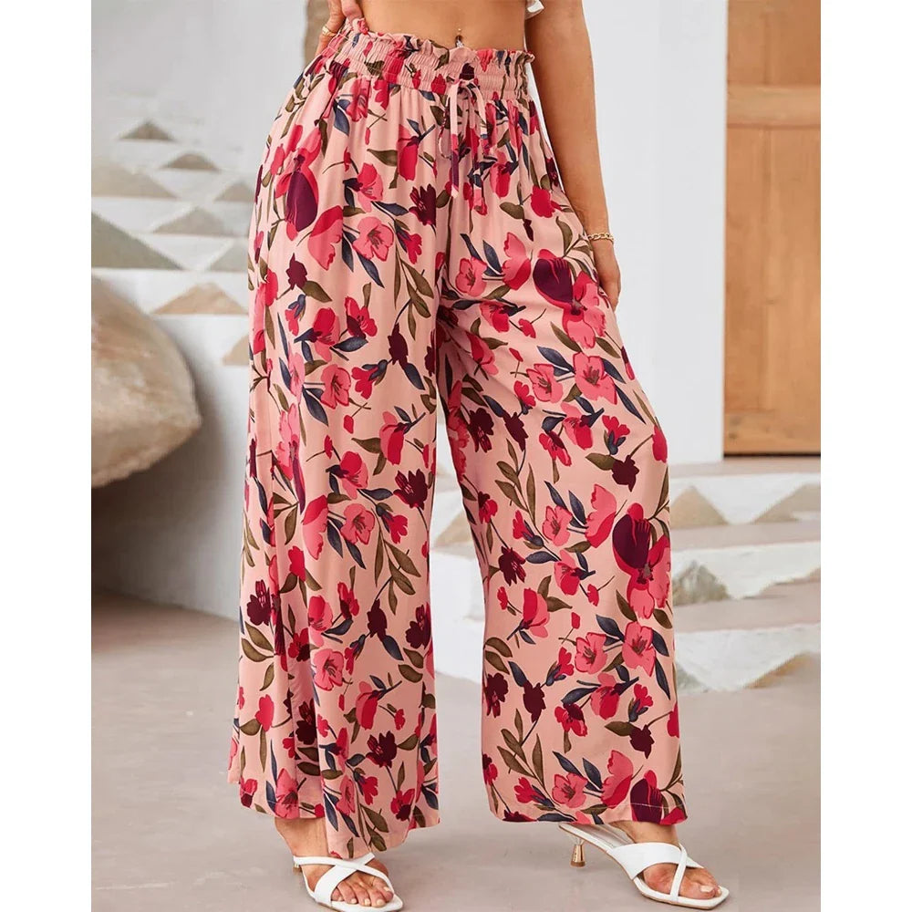 Pants- Spring Style Women's Floral Wide-Leg Smocked Pants- - Pekosa Women Fashion