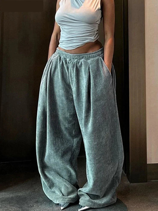 Pants - Trendy High-Waisted Corduroy Trousers for Modern Women