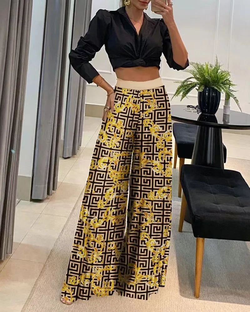 Pants- Women Elegant Printed Palazzo Trousers- Yellow- Pekosa Women Fashion