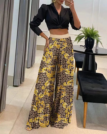 Pants- Women Elegant Printed Palazzo Trousers- Yellow- Pekosa Women Fashion