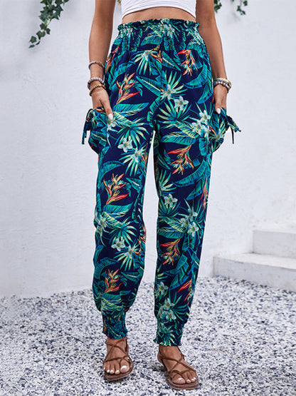 Pants- Women's Tropical Cargo Sweatpants with Smocked Waist- - Pekosa Women Fashion