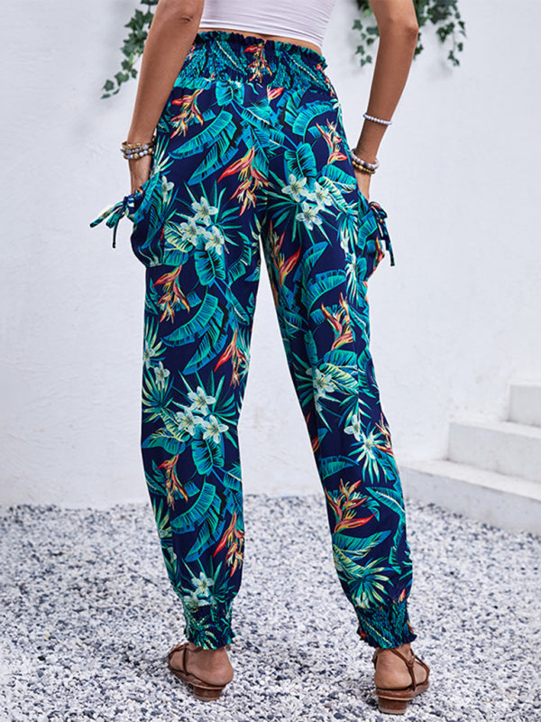 Pants- Women's Tropical Cargo Sweatpants with Smocked Waist- - Pekosa Women Fashion