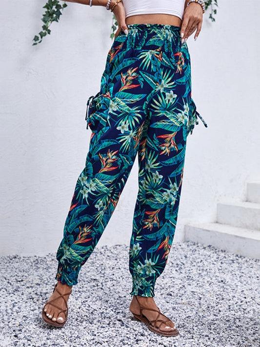 Pants- Women's Tropical Cargo Sweatpants with Smocked Waist- Champlain color- Pekosa Women Fashion