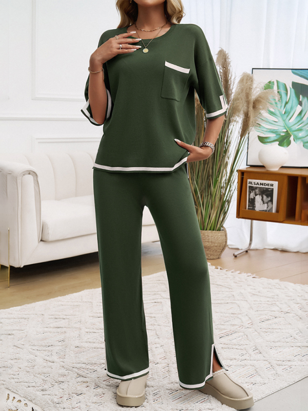 Pants set- Women Laid-back Outfit Straight-leg pants with Top- Olive green- Pekosa Women Fashion