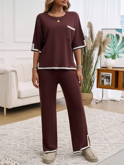 Pants set- Women Laid-back Outfit Straight-leg pants with Top- Brown- Pekosa Women Fashion