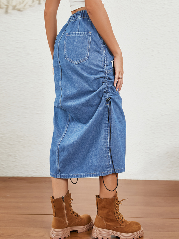 Denim Parachute Skirt with Ruched Side Detail