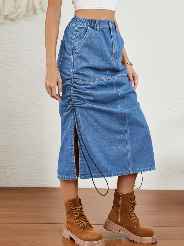 Denim Parachute Skirt with Ruched Side Detail