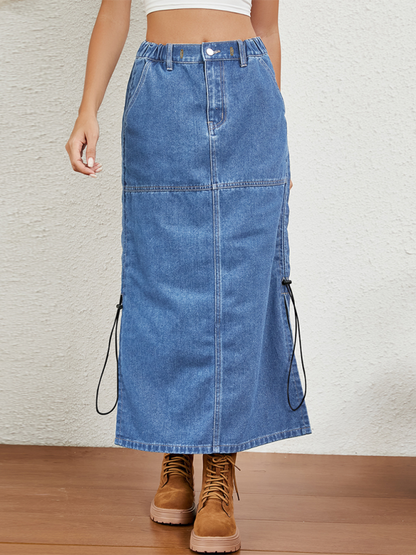 Denim Parachute Skirt with Ruched Side Detail