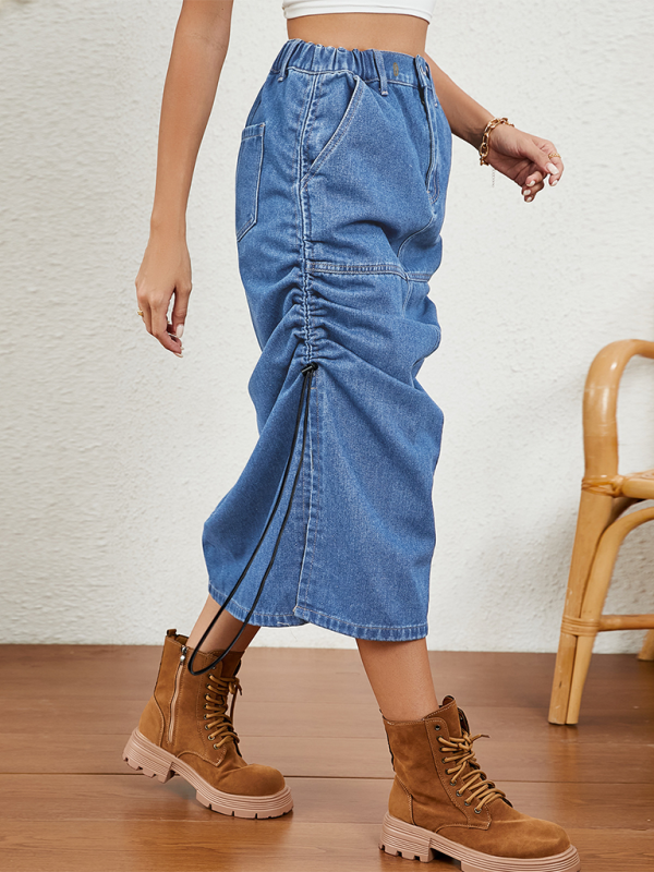 Denim Parachute Skirt with Ruched Side Detail