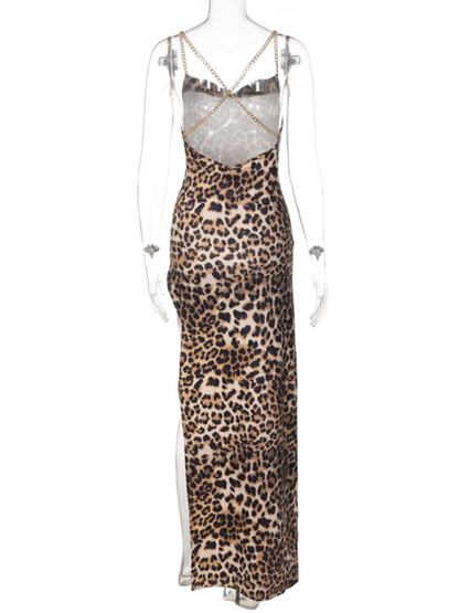 Party Dresse- Backless Leopard Print Party Maxi Dress with Thigh-High Slit- - Pekosa Women Fashion