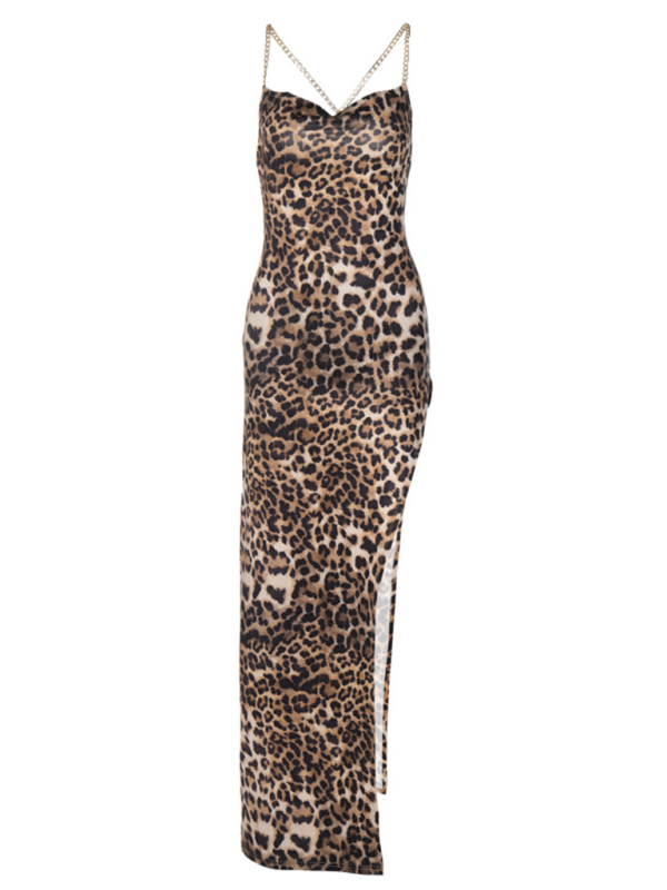 Party Dresse- Backless Leopard Print Party Maxi Dress with Thigh-High Slit- - Pekosa Women Fashion