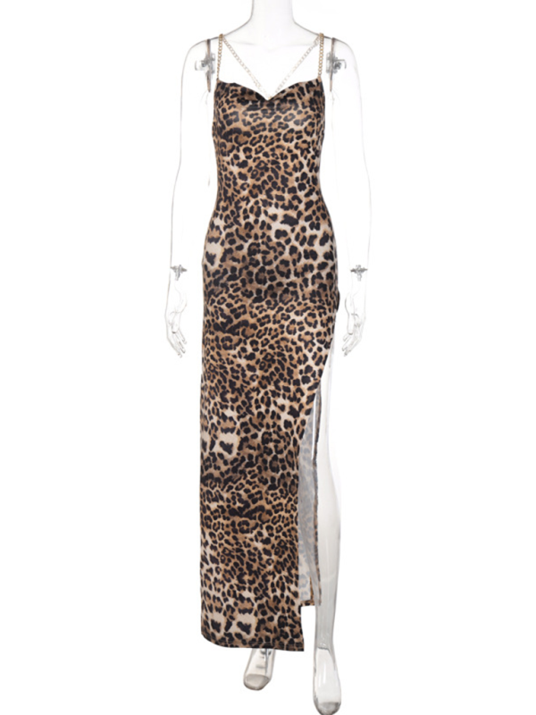 Party Dresse- Backless Leopard Print Party Maxi Dress with Thigh-High Slit- - Pekosa Women Fashion