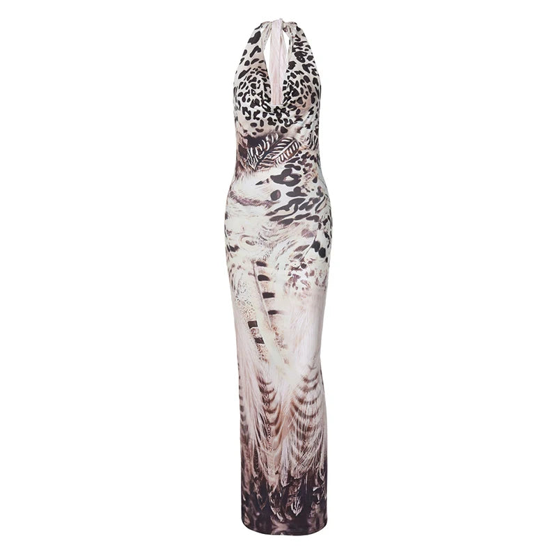 Party Dresses - Animal Print Cowl Plunging Party Maxi Dress