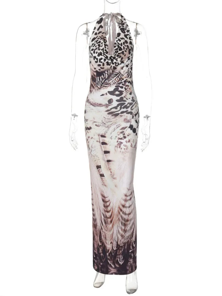 Party Dresses - Animal Print Cowl Plunging Party Maxi Dress