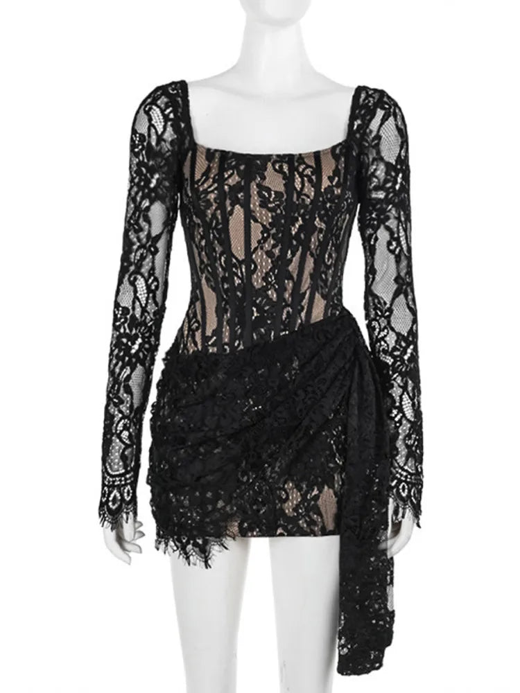 Party Dresses - Bachelorette Floral Lace Long Sleeve Tail Dress