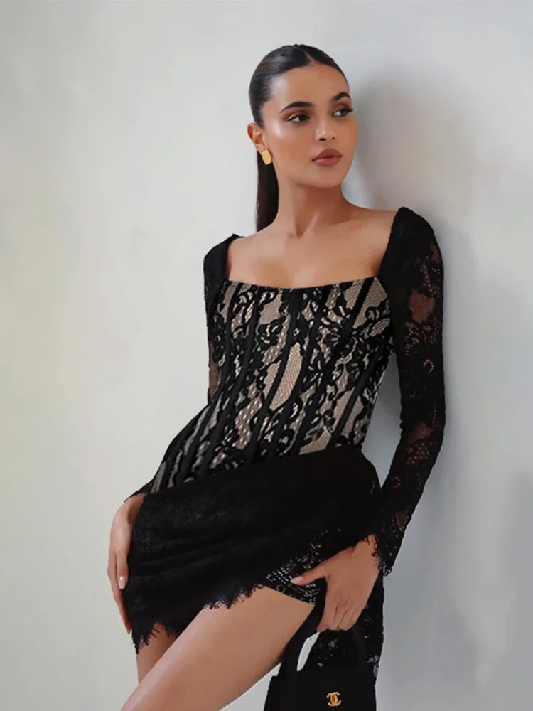 Party Dresses - Bachelorette Floral Lace Long Sleeve Tail Dress