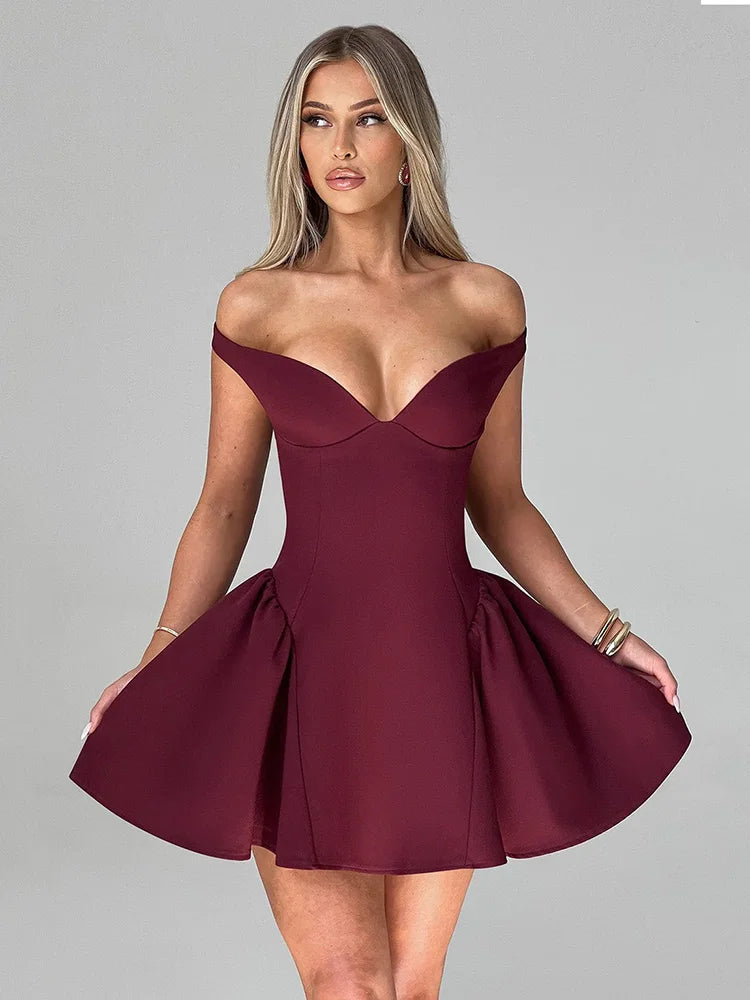 Party Dresses - Burgundy Off-Shoulder Flair Mini Dress with Scarf