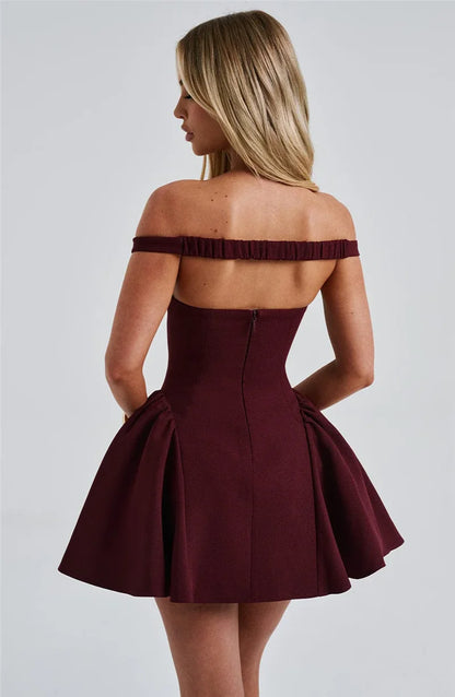 Party Dresses - Burgundy Off-Shoulder Flair Mini Dress with Scarf