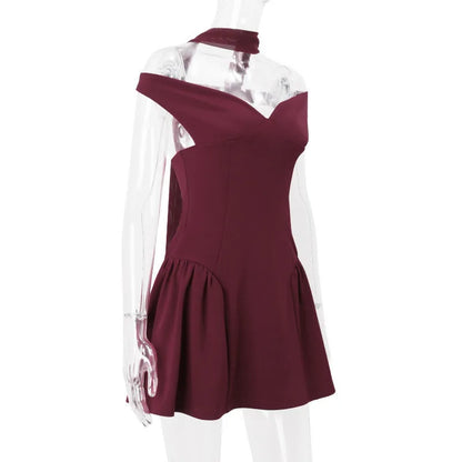 Party Dresses - Burgundy Off-Shoulder Flair Mini Dress with Scarf