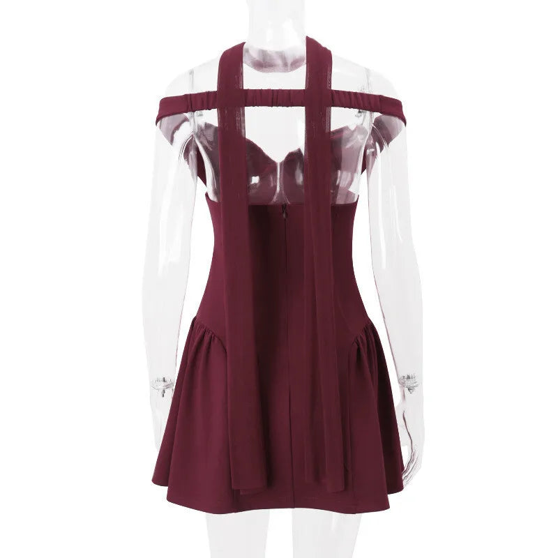 Party Dresses - Burgundy Off-Shoulder Flair Mini Dress with Scarf