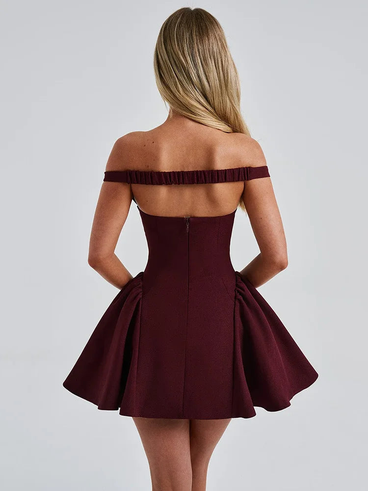 Party Dresses - Burgundy Off-Shoulder Flair Mini Dress with Scarf