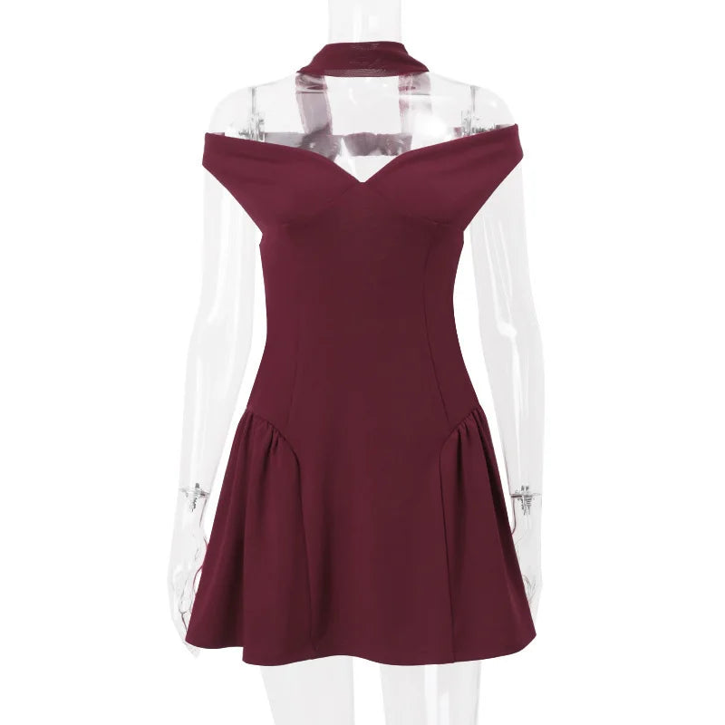 Party Dresses - Burgundy Off-Shoulder Flair Mini Dress with Scarf