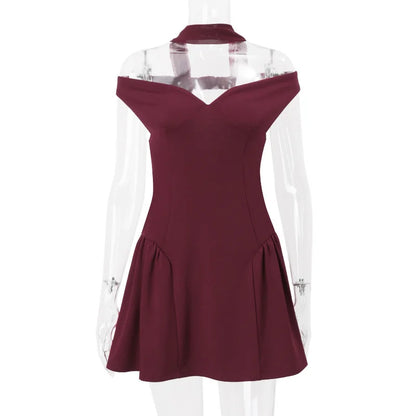 Party Dresses - Burgundy Off-Shoulder Flair Mini Dress with Scarf