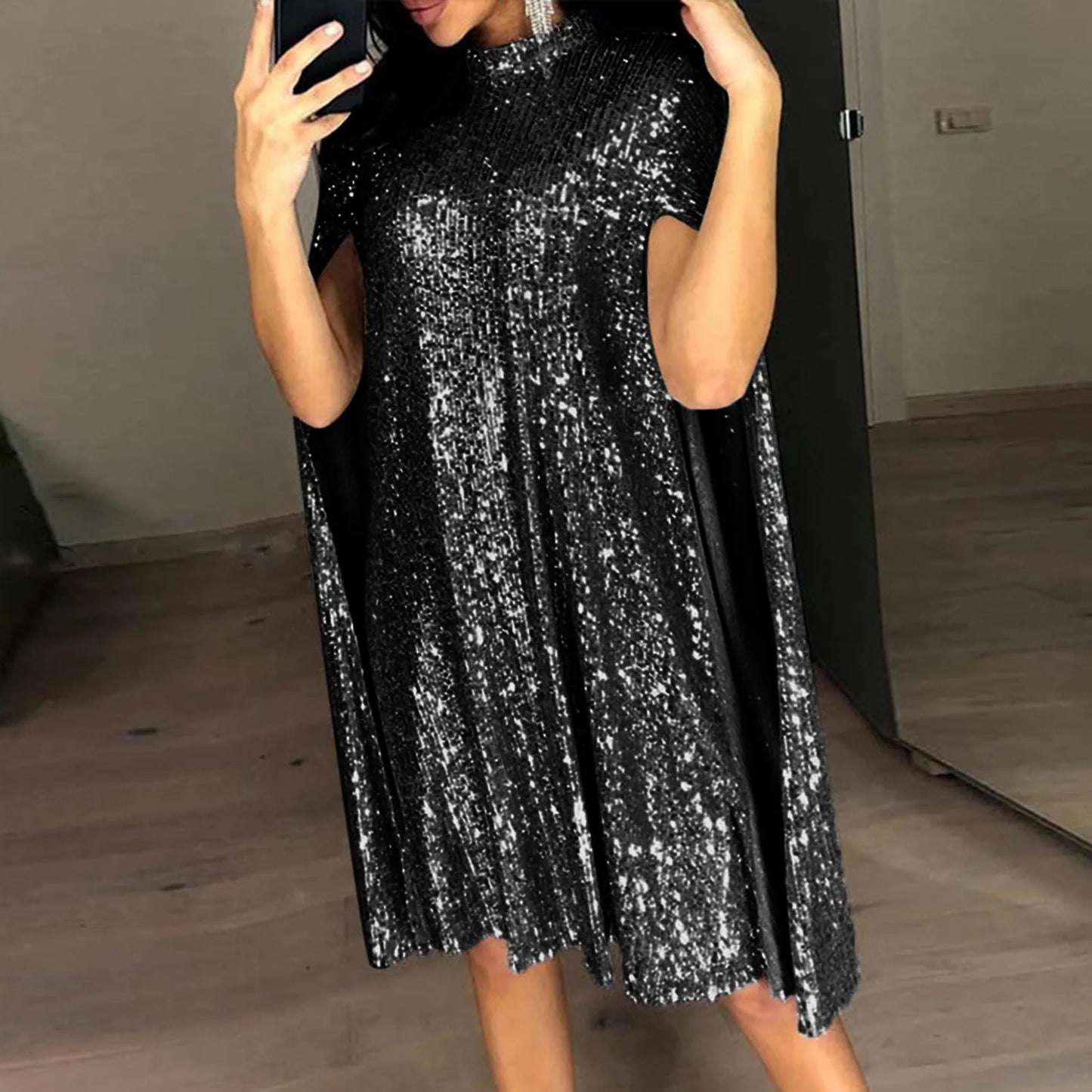 Party Dresses- Cape-like High-Neck Sequin Dress Perfect for Party Season- Black- Chuzko Women Clothing