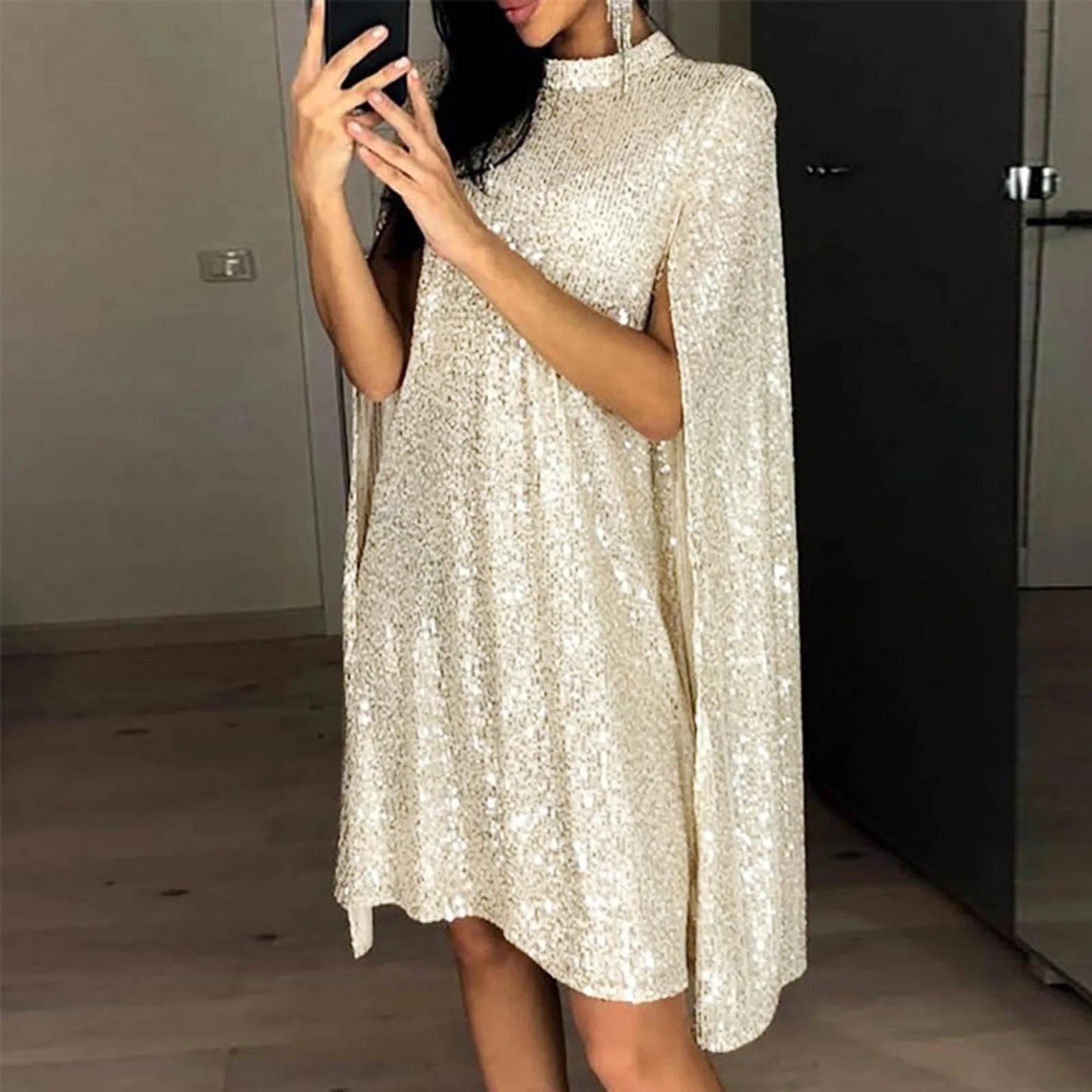 Party Dresses- Cape-like High-Neck Sequin Dress Perfect for Party Season- - Chuzko Women Clothing